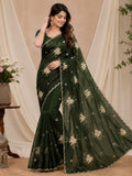 Pure Fandy satin material with c pallu embroidery work with sequences and cut work border Saree