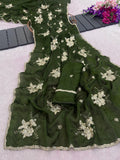 Pure Fandy satin material with c pallu embroidery work with sequences and cut work border Saree