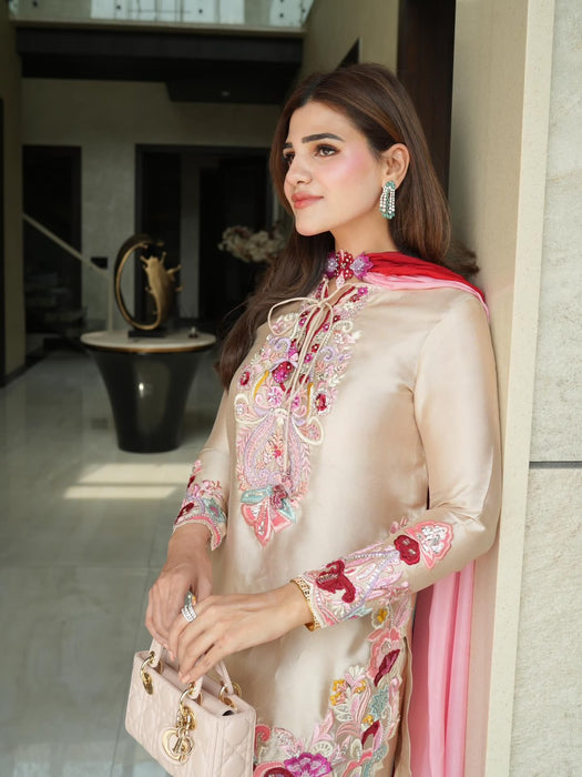 Pure Heavy Natural Satin With Embroidery Work Salwar Kameez