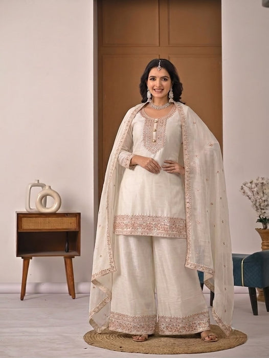 New Designer Party Wear Look Heavy Crunchy Silk Material Top Plazzo and Dupatta