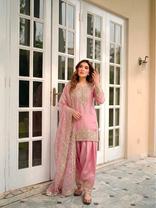New Designer Party Wear Look Pure Nc Moss Silk Top & Farshi Palazzo With Dupatta set
