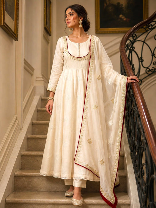 Pure Roman Cotton With Full Sleeve with Embroidery Thread And Sequins Work With GPO Lace Border Salwar Kameez