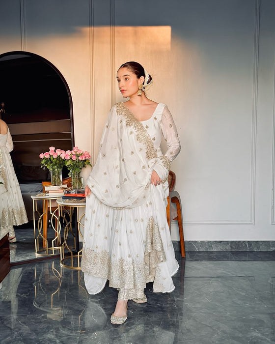 New Heavy Chinon Silk Gown Pent Dupatta Set Fully Stitched Ready To Wear