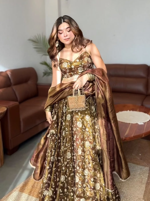 Elegant 3mm Embroidered Sequence Lehenga Choli With Three Piece Set