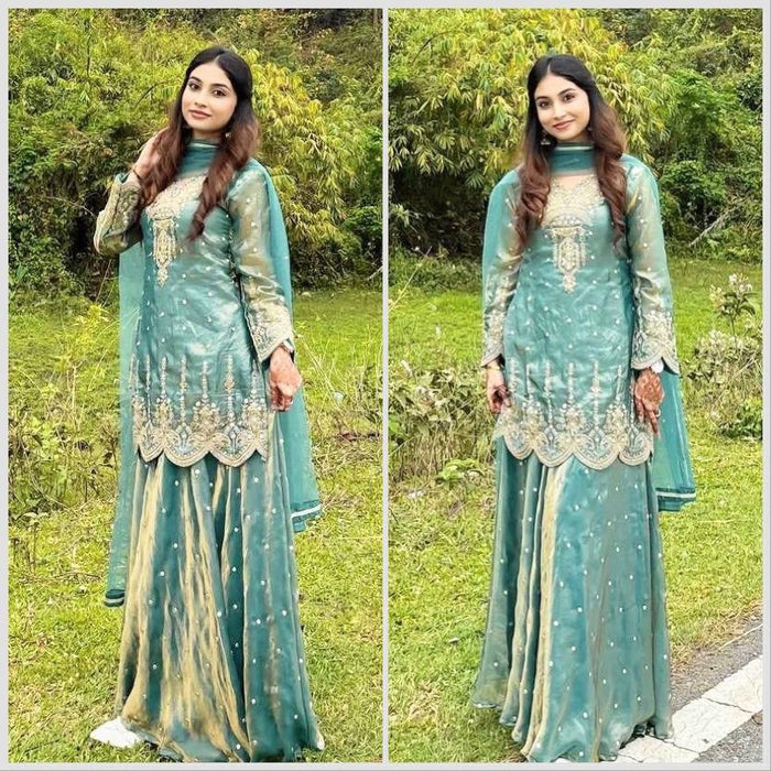 NEW READY TO WEAR FANCY DESIGN EMBROIDERY TOP PALAZZO WITH DUPATTA
