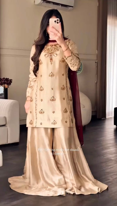 Pure Natural Crep With Embroidery 5mm Sequence Work Salwar Kameez