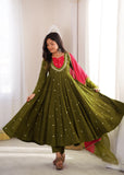 Beautiful Designer  Roman Silk Anarkali Suit With Embroidered Sequence With Real Mirror Work