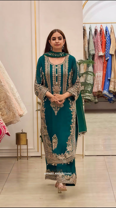 New Faux Georgette With Heavy Embroidery Sequence Work Top-Bottom And Dupatta Set