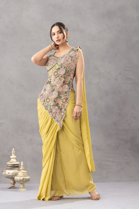 NEW SUPERHIT TRENDING READY TO WEAR SAREE WITH EMBROIDERED STYLIST BLOUSE ON CHINON FABRIC