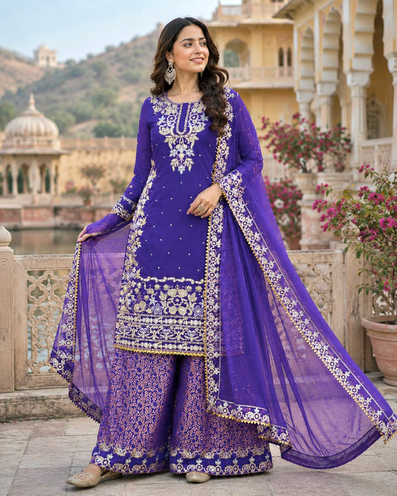 NEW READY TO WEAR HEAVY EMBROIDERY & SEQUENCE WORK TOP WITH JACQUARD PLAZZO WITH DUPATTA