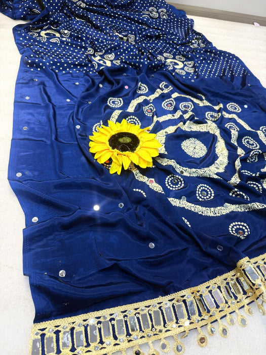 AJRAKH pure Gajji bandhej Super mirror work saree mirror lace bordar