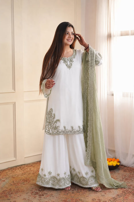 New Fancy Design Pakistani Top - Plazzo And Dupatta Set