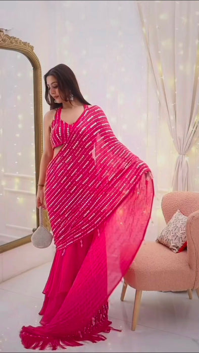 Faux Georgette with Intricate Thread with Sequence Work Fishcut Lahenga Saree
