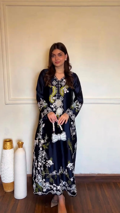 New Designer Party Wear Look Pure Satin Rayon Over Size Long Kaftan & Bottom With Dupatta set