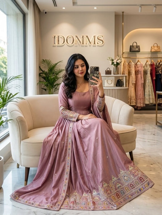 Pure Cinon Silk With Embroidery 5mm Sequences Work Anarkali Salwar Kameez