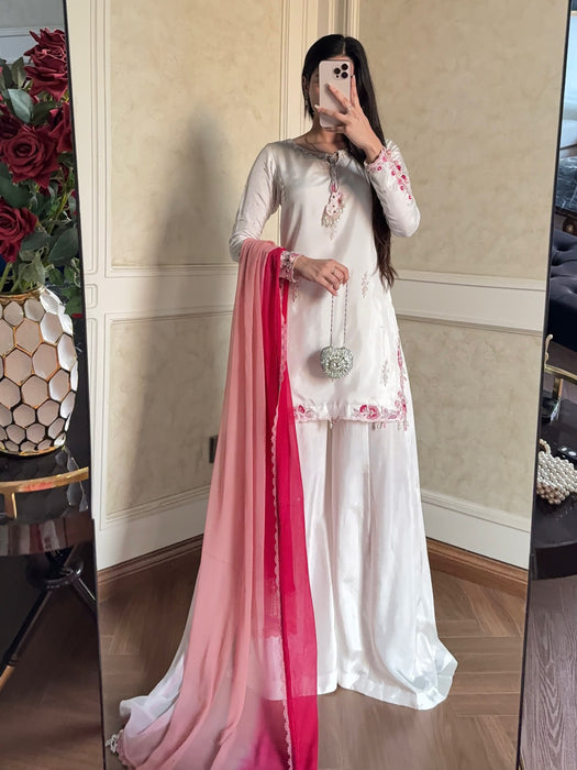 New Designer Party Wear Look Pure Natural Crep Silk Top & Plazzo With Dupatta set