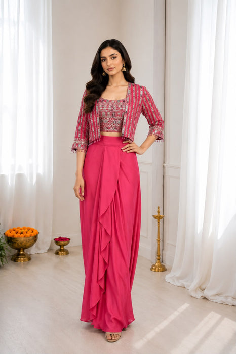Hevay Chinon Silk with Embroidery multi Thread Cording Sequence Work Lehenga Blouse Koti Set