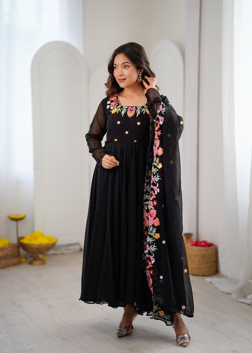 New Designer Faux Georgette With Embroidery Work Gown And Dupatta Set