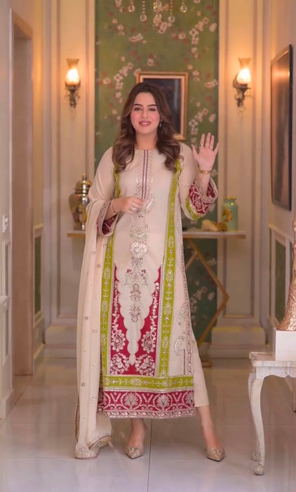 New Designer Party Wear Look Pure Roman Silk Top & Bottom With Dupatta set