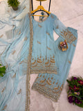 3 PIECES KURTIPLAZZO & DUPATTA WITH ORIGINAL BEADS CUT DANA WORK
