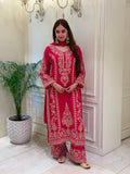 New Designer Faux Georgette With Heavy Embroidery Sequence Work Top-Bottom And Dupatta Set