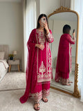 New Designer Faux Georgette With Heavy Embroidery Sequence Work Top-Bottom And Dupatta Set
