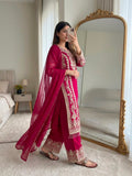 New Designer Faux Georgette With Heavy Embroidery Sequence Work Top-Bottom And Dupatta Set
