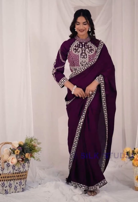 New Super Trending Embroidery Sequence work ready to wear saree with Embroidery Blouse