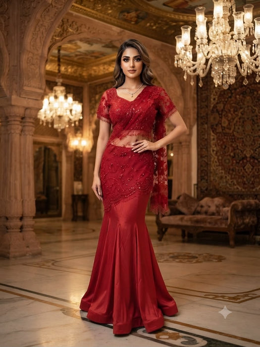 WEDDING SEASON WEAR BEAUTIFUL SEQUENCE EMBROIDERED WORKED READY TO WEAR SAREE WITH STITCHED BLOUSE