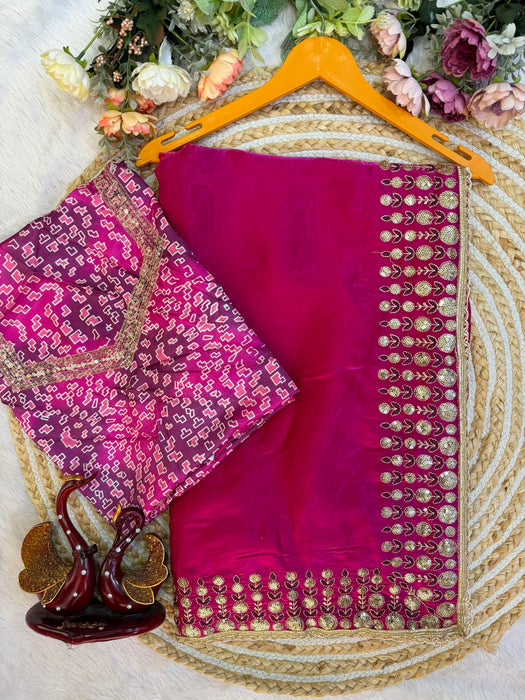Soft jimmy Satin with Beautiful Sequence embroidery work with lace border Saree