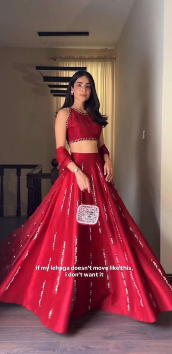 Premium Malai Satin Silk Lehenga Embellished With Beautiful Thread Embroidery Work
