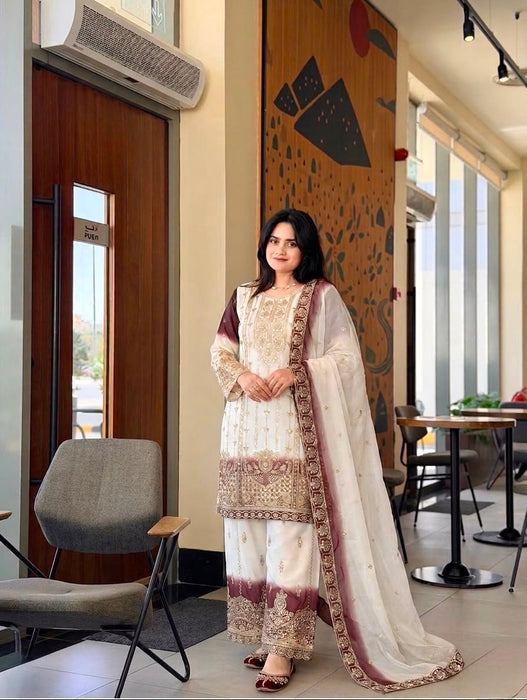 New Designer Party Wear Look Pure Heavy Dual Tone Peding Star Georgette Top Plazzo & Dupatta Set