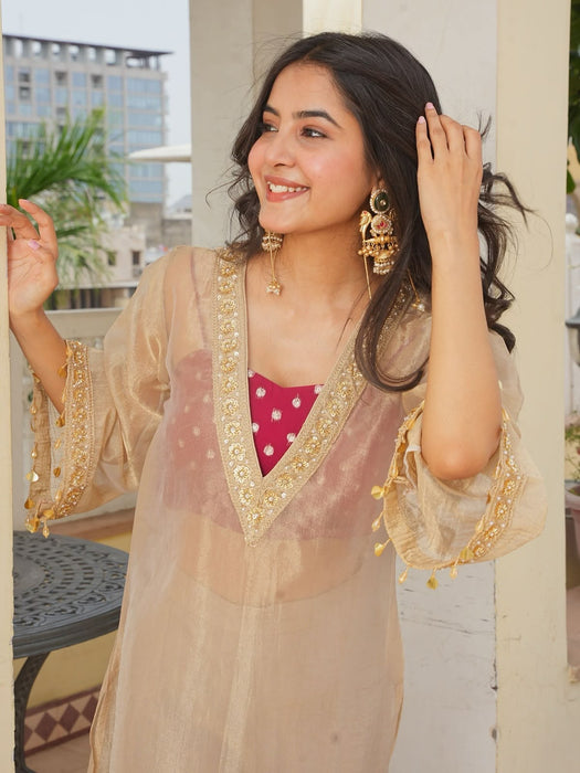 New Designer Party Wear & Festival Look Pure Golden Tissue Salsa Three Piece Kurta set