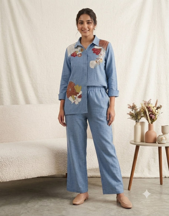 DESIGNER SEQUENCE EMBROIDERED CO-ORD SET IN COTTON DENIM