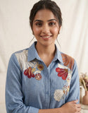 DESIGNER SEQUENCE EMBROIDERED CO-ORD SET IN COTTON DENIM