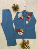 DESIGNER SEQUENCE EMBROIDERED CO-ORD SET IN COTTON DENIM