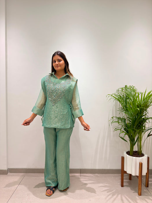 DESIGNER SHIRT PANT WITH HAND EMBROIDERED SHRUG