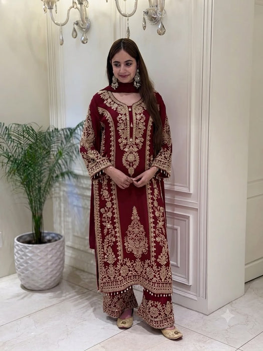New Designer Faux Georgette With Heavy Embroidery Sequence Work Top-Bottom And Dupatta Set
