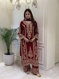 New Designer Faux Georgette With Heavy Embroidery Sequence Work Top-Bottom And Dupatta Set