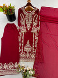 New Designer Faux Georgette With Heavy Embroidery Sequence Work Top-Bottom And Dupatta Set