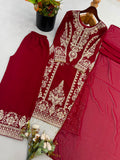 New Designer Faux Georgette With Heavy Embroidery Sequence Work Top-Bottom And Dupatta Set