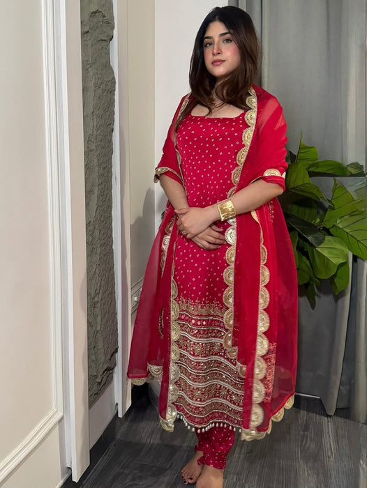 3 PIECES KURTI CHUDIDAR & DUPATTA WITH EMBROIDERY PEARL MOTI & REAL MIRROR HAND WORK