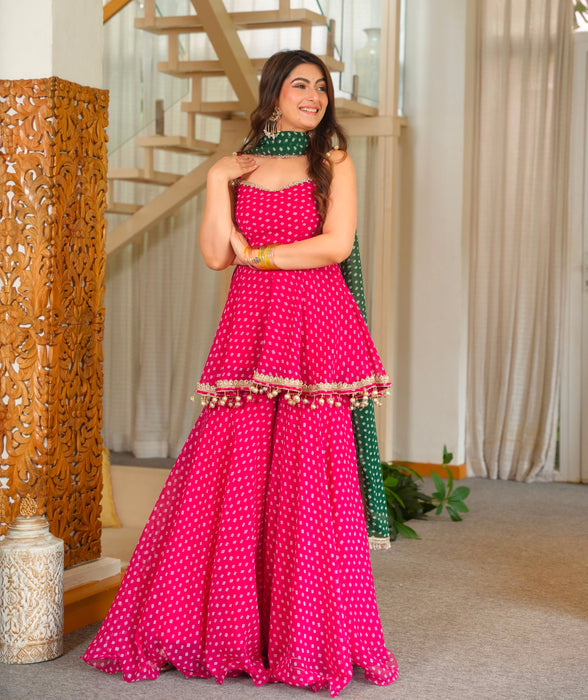NEW TRENDING FANCY BANDHEJ PRINT AND KEDIYA- PLAZZO WITH PRETTY DUPATTA SET