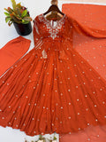 New Designer Faux Georgette With Embroidery Work Gown And Dupatta Set