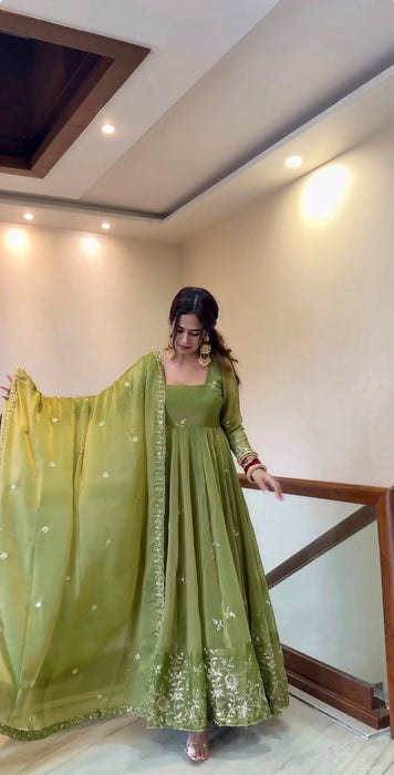 New Ready-made Fendy Silk And Heavy Embroidery Sequence Work gown-sharara And Dupatta Set
