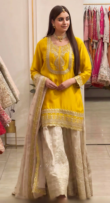 New Chinnon Silk With Heavy Embroidery Sequence Work Top-Plazo And Dupatta Set
