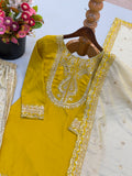 New Chinnon Silk With Heavy Embroidery Sequence Work Top-Plazo And Dupatta Set