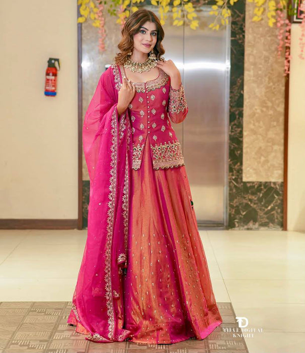 Simmer Silk with Embroidery Sequence and Moti Top Lehenga Dupatta Set