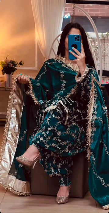 New Designer Party Wear Look Pure Frendy Silk Heavy Embroidery Sequence Work Top Patiyala Suit and Dupatta