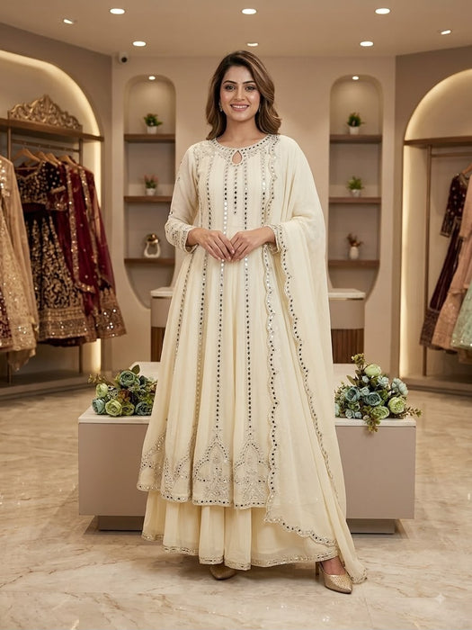 FESTIVAL SEASON WEAR BEAUTIFUL GOWN LAHENGA AND DUPATTA WITH SEQUENCE EMBROIDERY AND REAL MIRROR WORK